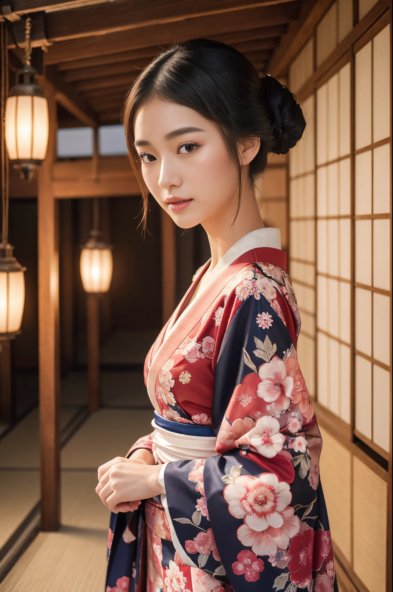 (8k, highest quality, ultra detailed:1.37), (Yuki), 18yo, (an elegant Japanese college girl), embodies the grace of a modern Geisha. Dressed in a contemporary Kimono and delicate accessories, she exudes sophistication and poise. The high-resolution image captures ultra-detailed realism, highlighting Yuki's captivating eyes, delicate features, and smooth complexion. The traditional Japanese architecture and lanterns create an enchanting backdrop, showcasing the timeless beauty and allure of the Geisha culture.