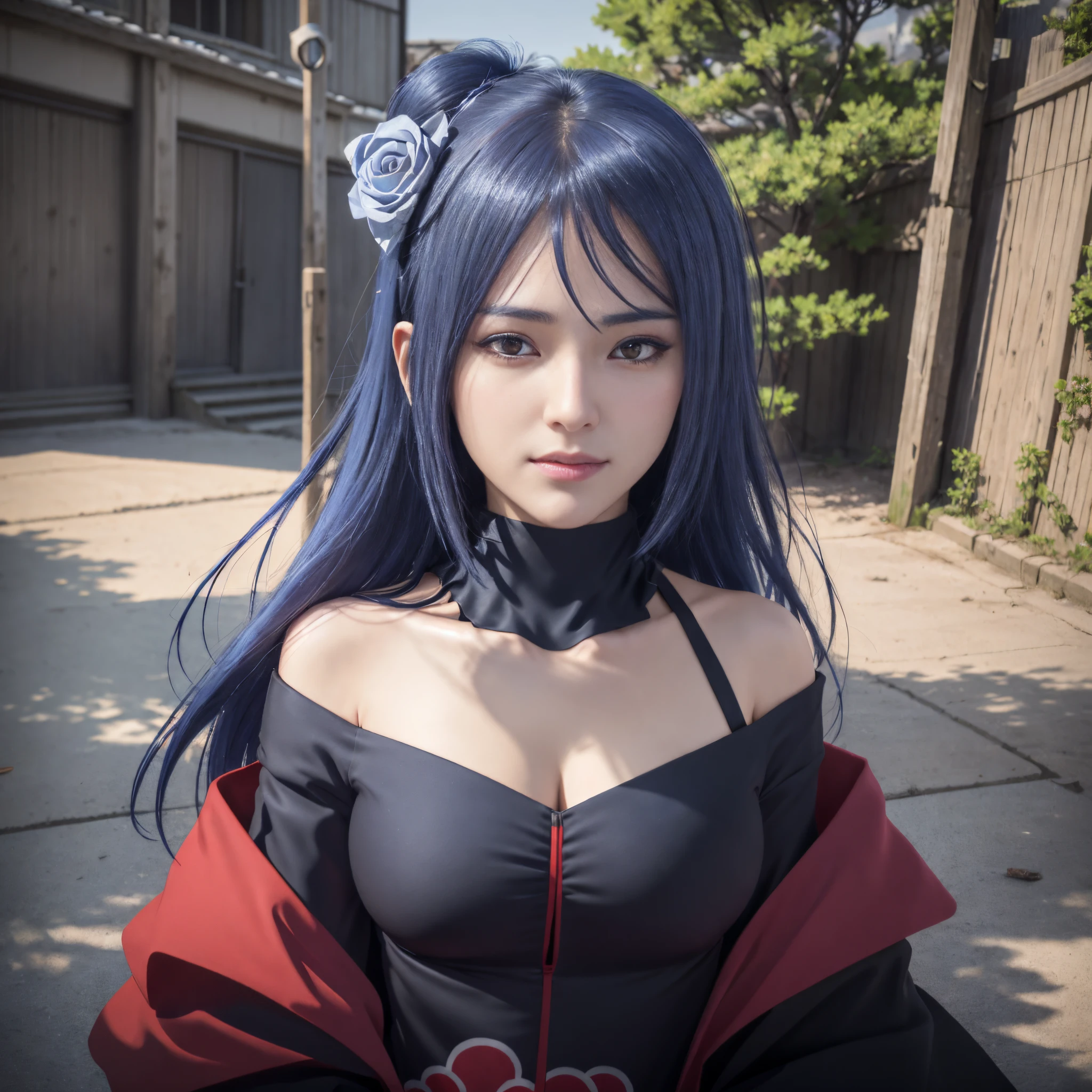 （8K，RAW photos），（best qualtiy），（tmasterpiece），（realisticlying，）（Photorealistic and realistic），（A high resolution），Hyper-detailing，（hentail realism：1.1），beauitful face，1girll，，looks into camera，jpn，Xiaonan\（Naruto\），（AKATSUKI OUTFIT：1.1），(((cleavage)))，(((Off-the-shoulder attire))),ssmile，（Be red in the face），upper body photos，dark-blue hair，（Flying White Paper:1.5），profesional lighting、photon maping、physically-based renderingt、Dark theme