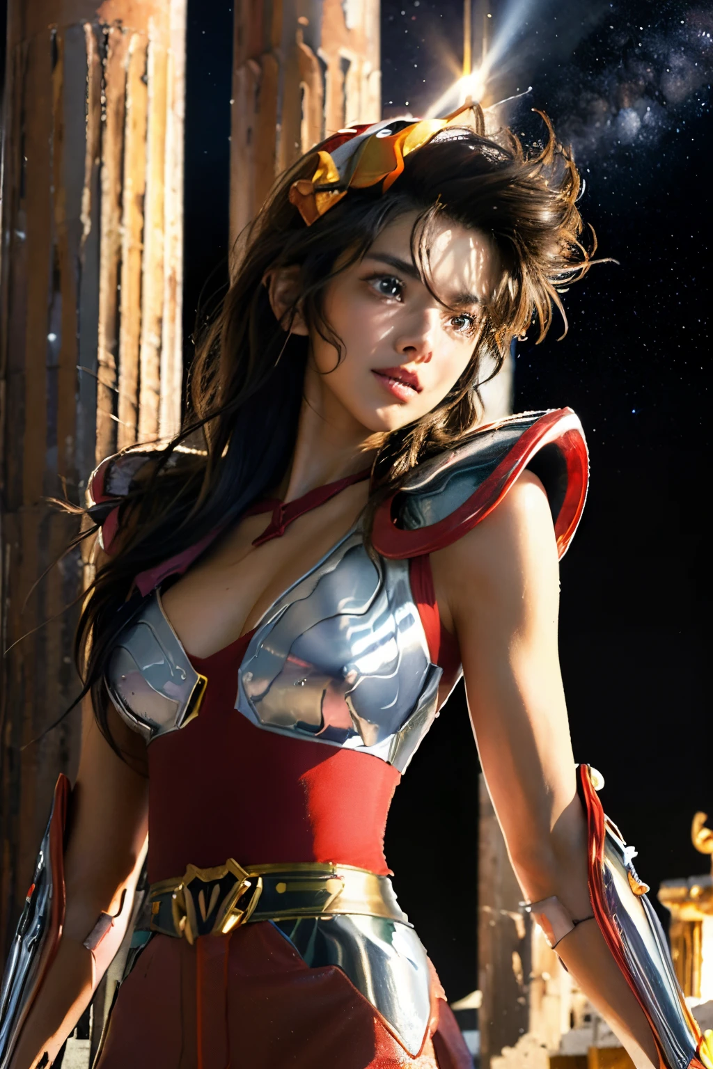 masterpiece, best quality, ultra high res, realistic skin texture, armature, (photorealistic:1.4), high resolution, raw photo, 1 girl, shiny skin, (detail skin:1.2), realistic skin texture, best lighting, wearing red pants, (big breast:1.3), sparkle, mecha armor, (short hair:1.2), (Pegasus Seiya:1.2), wearing a winged helmet, dramatic lighting, dynamic pose, (greek temple background:1.3), night sky, cosmos, milky way,