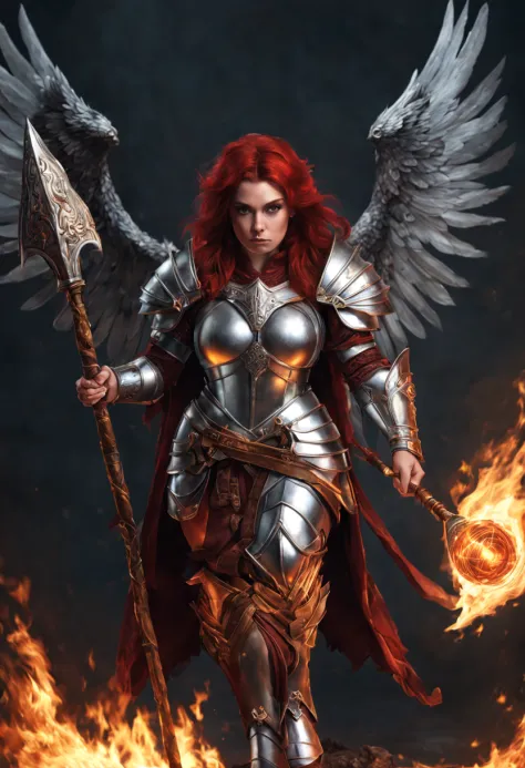 An dwarf female with dark-red hair, wearing silver armor, large breasts, full body pose, holding a silver staff winged in fire