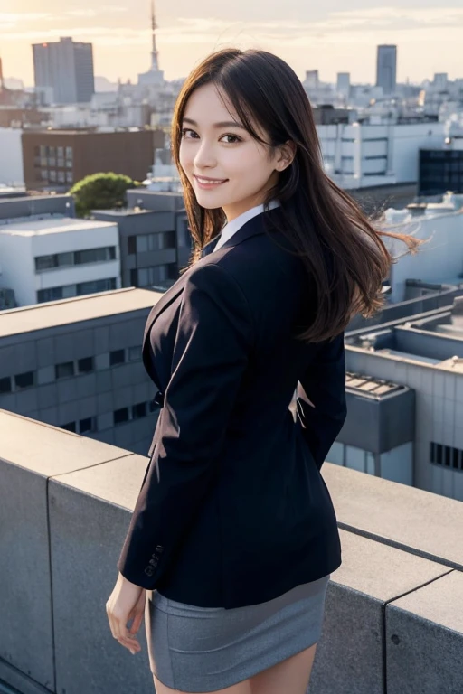 masutepiece, Best Quality, hight resolution,Detailed face,1girl in, Japanese,large full breasts,Smile,(Simple business suit,Jacket,pencil skirts:1.1),high-heels,tokyo prefecture, On the rooftop, Overlooking, bustling city, urban jungle, highrise buildings, a panoramic view, Sunset, sky line,Windy,(:1.5),Office,Open mouth,from the rear,Spread legs,Windy,Large eyes with accurate depiction