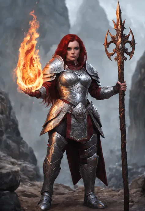An dwarf female with dark-red hair, wearing silver armor, large breasts, full body pose, holding a silver staff wreathed in fire
