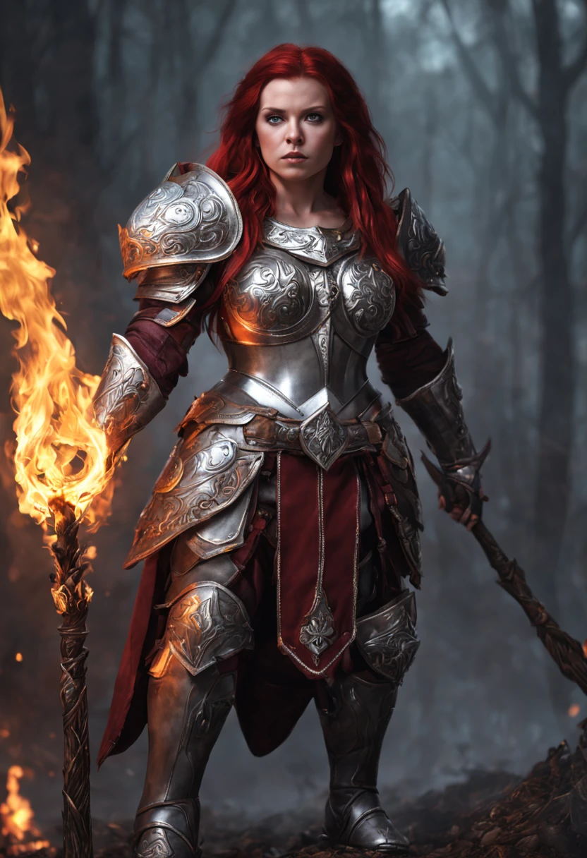 An dwarf female with dark-red hair, wearing silver armor, large breasts, full body pose, holding a silver staff wreathed in fire