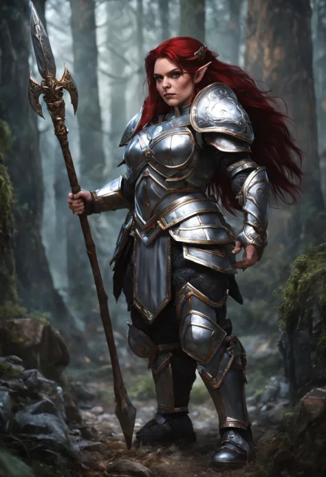 A dwarf female with dark-red hair, wearing silver armor, large breasts, full body pose, holding a silver staff