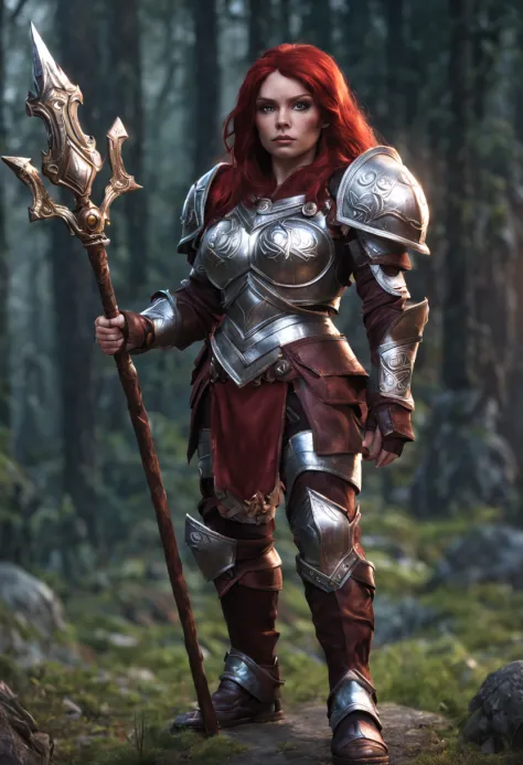 A dwarf female with dark-red hair, wearing silver armor, large breasts, full body pose, holding a silver staff