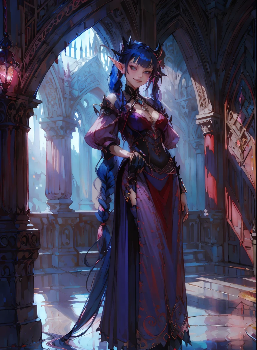 tmasterpiece， （Elf Girl，blue beautiful hair，a pink eyes，Long skirt in dark red color，slanted bangs，pigtails，double-ponytail，Twist braids）magia，crystal， number art， mistic， Ethereal，  intricately details， vivd colour ，stand posture，  doors， Fantasyart，独奏，ellegance， evil，Grinning