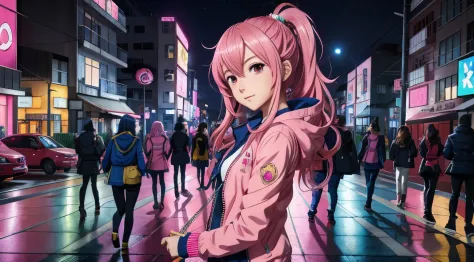 anime girl in pink jacket standing in the middle of a busy city street, noite, estilo anime 4k, papel de parede anime 4k, anime ...