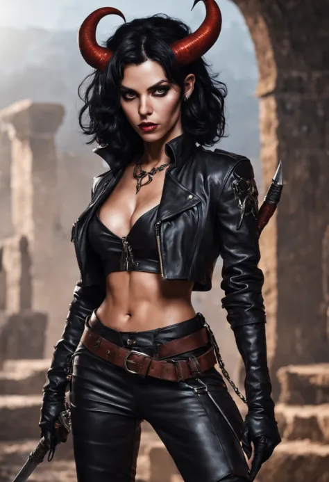 A female Tiefling with black hair, short horns, wearing leather outfit, full body pose, holding steal daggers,