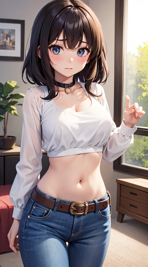 crop top, blouse,1 girl, solo, medium breasts, belt, tummy, navel, hand on own chest, living room, jeans, embarrassed