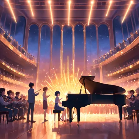 "​masterpiece, Better Quality, still film, Musicians on stage overnight, Foreground, choir, piano, conductor, glad, soft warm lighting, Sundown, sparks: