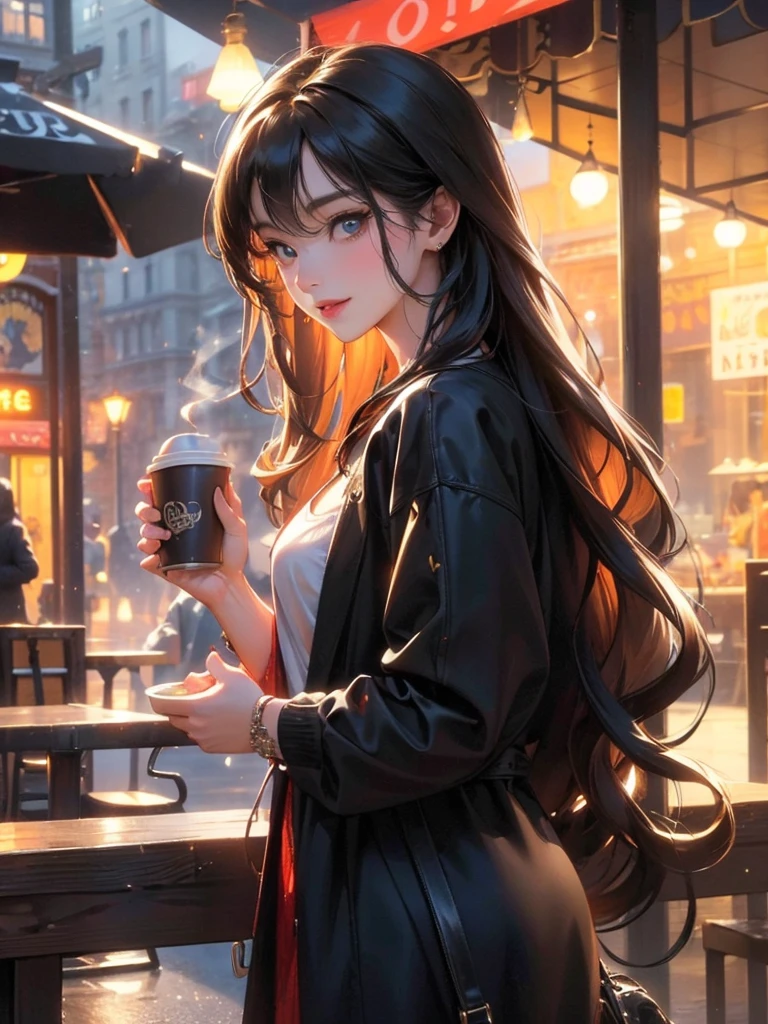 (best quality,4k,8k,highres,masterpiece:1.2),ultra-detailed,(realistic,photorealistic,photo-realistic:1.37),HDR,UHD,studio lighting,ultra-fine painting,sharp focus,physically-based rendering,extreme detail description,professional,vivid colors,bokeh,portraits

A girl drinking coffee on street,beautiful detailed eyes,beautiful detailed lips,extremely detailed eyes and face,longeyelashes,curly hair,black long hair,modern personality,stunning appearance,fashionable clothes,bright smile,casual outfit,confident pose,outdoor setting,urban environment,colorful background,lively atmosphere,coffee cup in hand,steamy coffee,chic cafe,trending location,coffee beans aroma,early morning sunlight,cosy ambiance,spectacular cityscape,dynamic lighting,playful shadows,expressive emotions,relaxed and content expression,coffee shop patrons in the background,creative composition,artistic touch,meticulous brushstrokes,rich texture,impressive attention to detail,photographic realism,bold color palette,exquisite skin tones,dreamy atmosphere,bokeh effect,captivating artwork