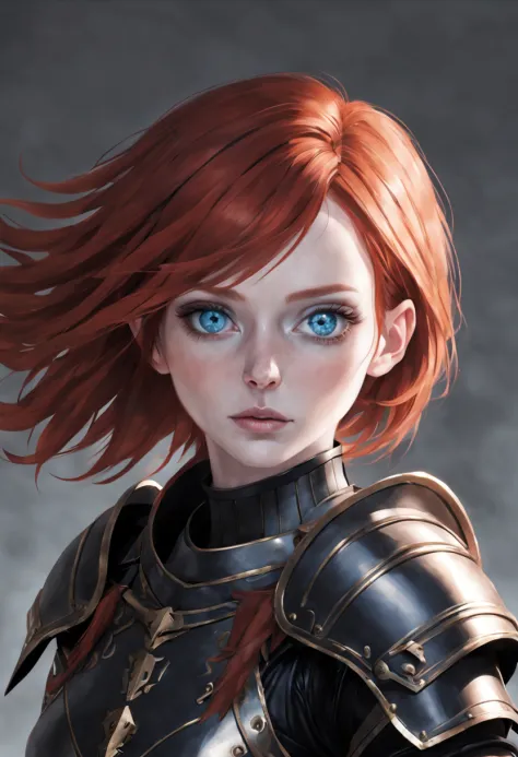 a young female, redhair, blue eyes, pale skin, black armor, face portrait