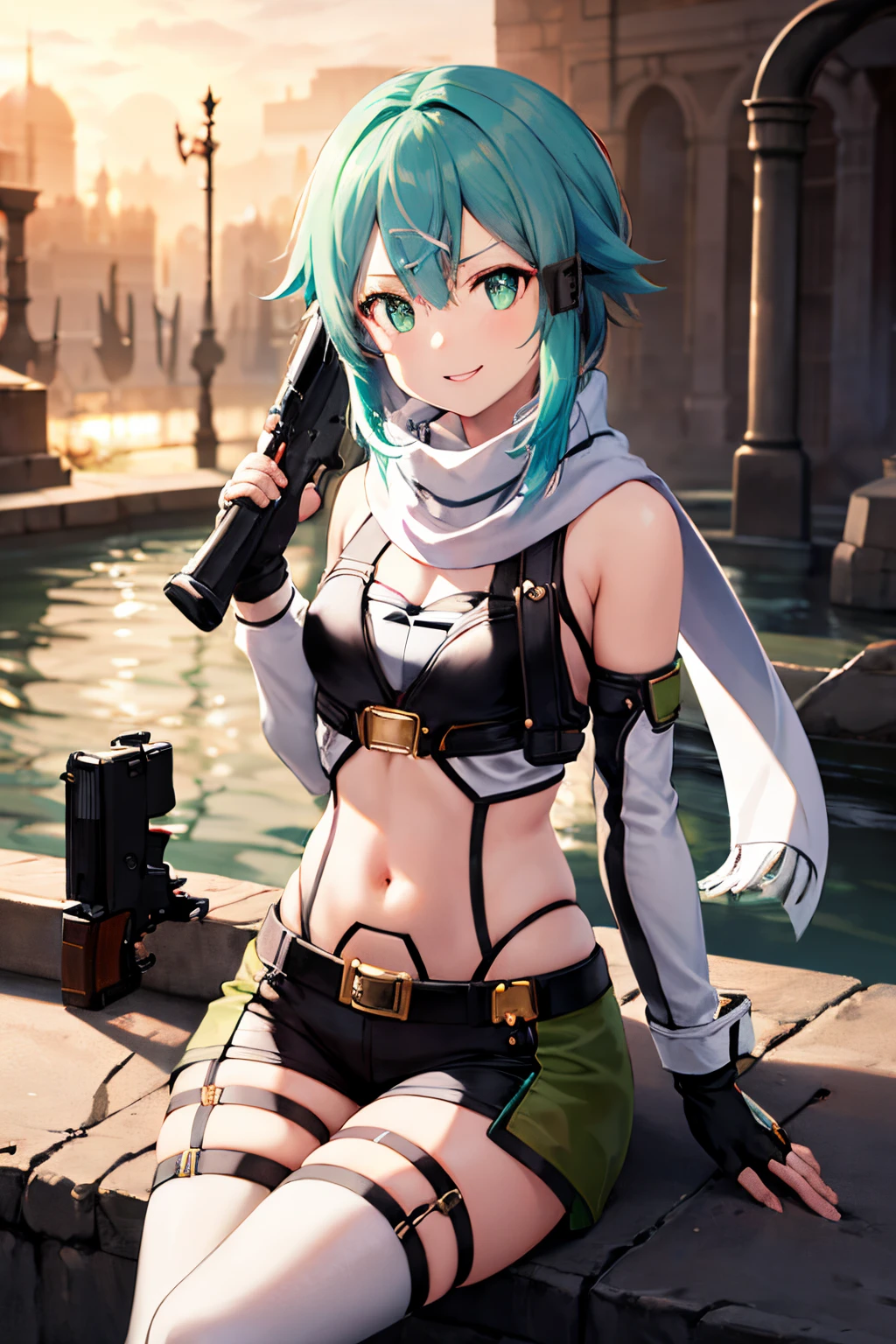 ​masterpiece, top-quality, hight resolution, 1girl in, sinon1, scarf, Fingerless gloves, hair adornments, hair clips, Thigh strap, Cowboy Shooting, Have a gun, Sniper rifle,, sitting on, Curvaceous, Small waist, bbw,, surrounded by people、a smile