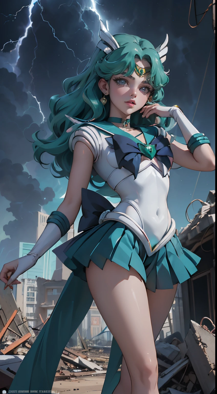 Ultrafotomicrografia,1 garota, Marinheiro Netuno, (Uniforme Sailor Senshi:1.4), cabelo verde escuro, cabelo medio, Saia suplicante, La Melhor qualidade, Brincos, Obra-prima, alta resolução, detalhes intrincados, (( realista )), fotográfico, (Luvas de cotovelo brancas:1.1), jóias, Peito médio, corpo completo, fundo dinâmico, Postura dinâmica, saltos altos,,8K mais detalhado.motor irreal:1.4,uhd,La Melhor qualidade:1.4, fotorrealista:1.4, textura da pele:1.4, Obra-prima:1.8,obra-prima, Melhor qualidade,objeto Objeto], (características detalhadas do rosto:1.3),(Mãos detalhadas),(Cidade apocalíptica destruída:1.7),(botas brancas acima do joelho: 1.4), gargantilha, (Luva branca:1.4), gargantilha verde, Cotovelos, jóias, Brincos, Saia verde, apenas um, corpo completosbian, pelos verdes,(fundo do pôr do sol:1.4),(marinheiro Netuno:1.4),(meio corpo:1.4),Fantasia com detalhe 4k,(Realista, Fotorrealismo, Realista: 1.37),(mãos detalhadas),(fundo azul água trovão relâmpago chuva gotas de água caindo:1.4), (Tiro de vaqueiro:1.4))),(olhos lindos，pupilas brilhantes)，（papel de parede CG unificado 8k altamente detalhado）Histórico detalhado