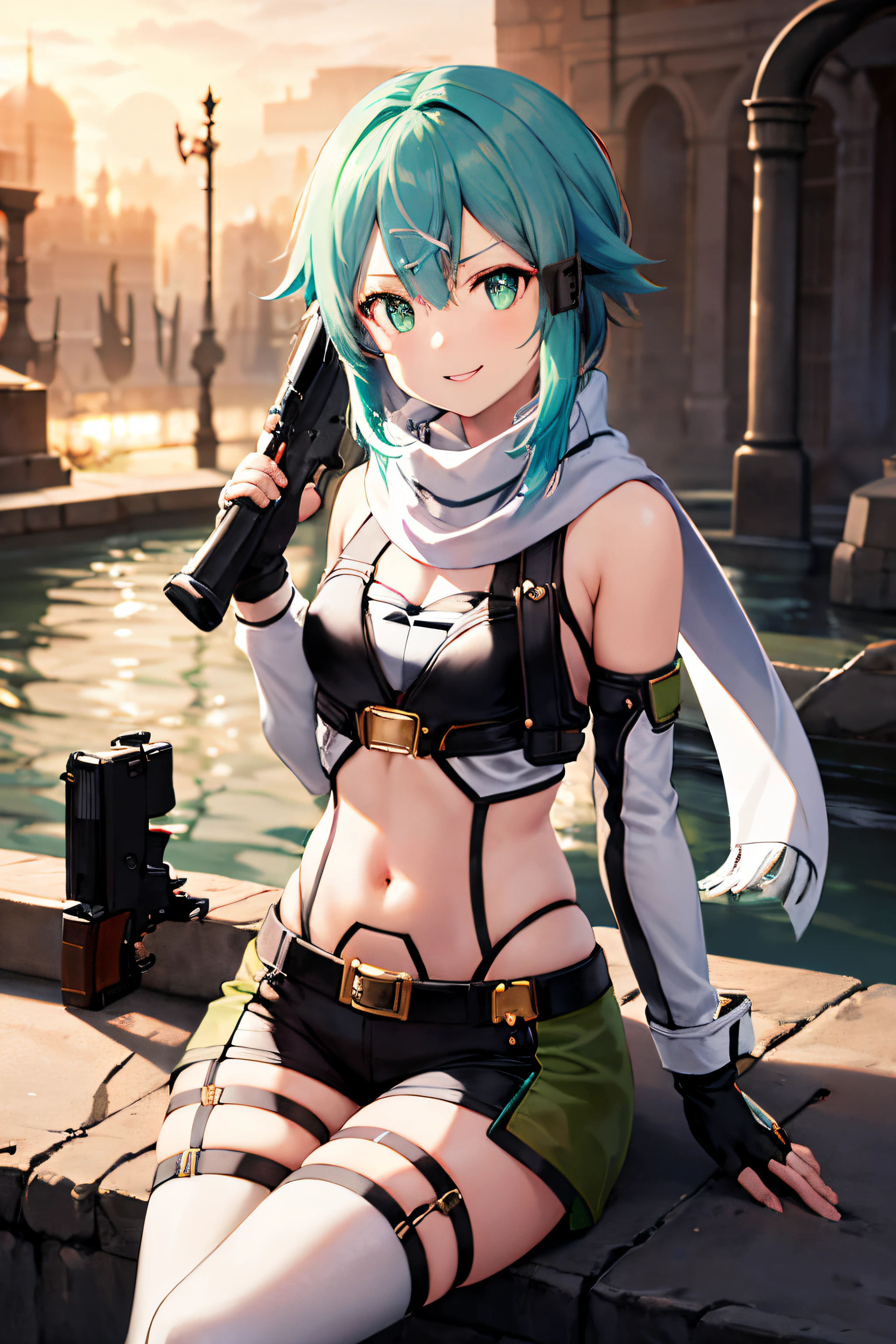 ​masterpiece, top-quality, hight resolution, 1girl in, sinon1, scarf, Fingerless gloves, hair adornments, hair clips, Thigh strap, Cowboy Shooting, Have a gun, Sniper rifle,, sitting on, Curvaceous, Small waist, bbw,, surrounded by people、A smile