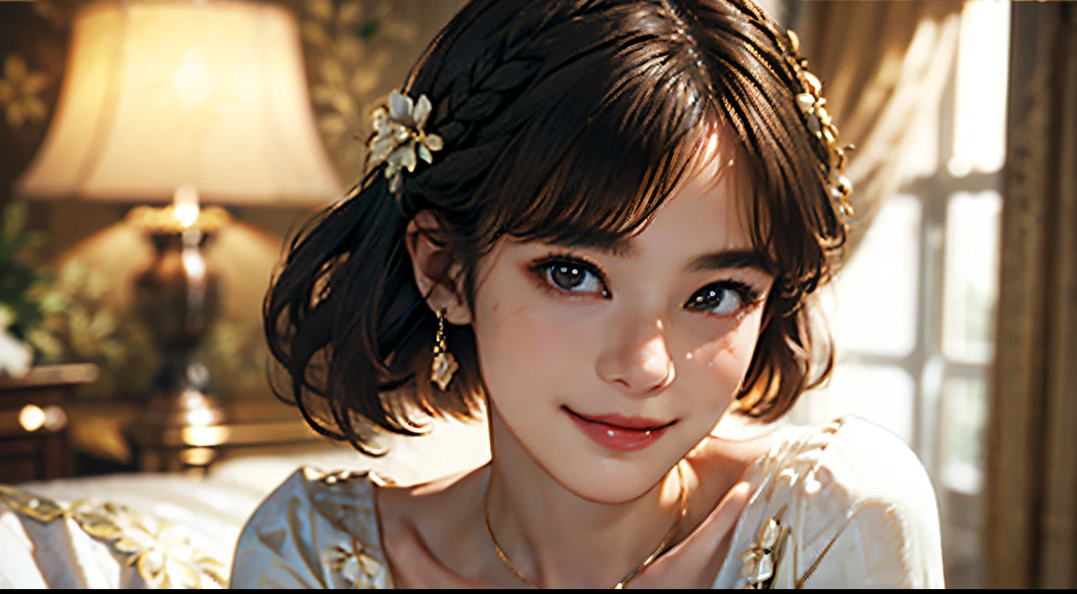 123
(a 20 yo woman,is standing), (A hyper-realistic), (high-level image quality), ((beautiful hairstyle 46)), ((short-hair:1.46)), (Gentle smile), (breasted:1.1), (lipsticks), (florals), (Luxurious room), (Depth of field is deep), (Modern)