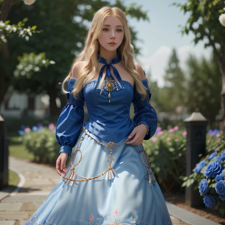 A beautiful young woman with long blonde hair. She is wearing a blue dress with long sleeves and a high collar. Black roses surround her. In the background white roses. Extremely detailed, high-quality, hyper-realistic masterpiece photography.