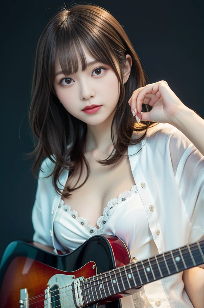 (8K, Raw photo:1.2),Detailed face and eyes,Best Quality, 超A high resolution, Highly detailed ,intricate detailes ,masutepiece ,Cute Girl , Soft cinematic light, Hyper-detailing, High quality,A dark-haired, bob cuts, NSFW,Wearing a dress、（holding an electric guitar）、White background、full body Esbian