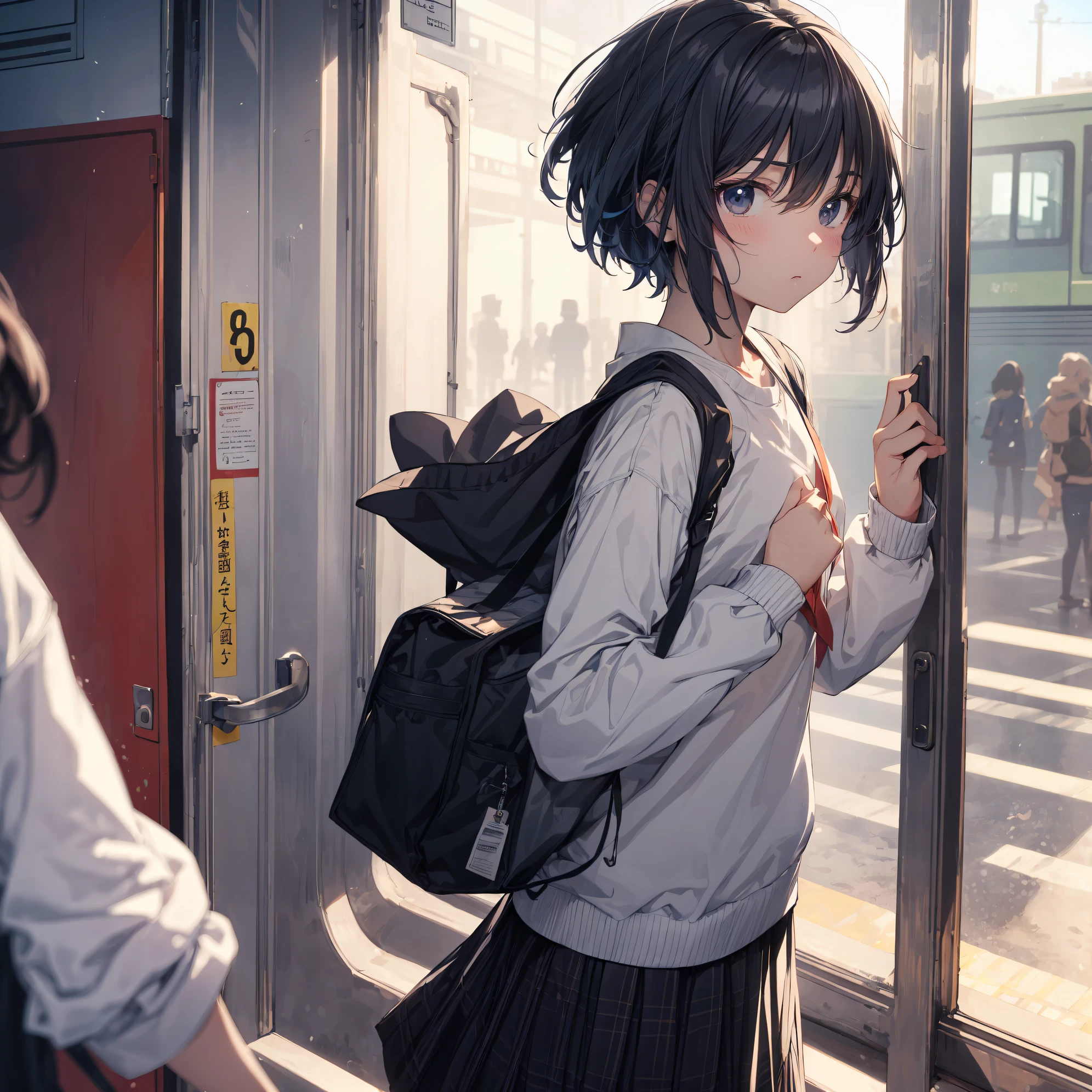 creator quality, anime moe art style,Best Anime 8K Konachan Wallpapers,Pixiv Contest Winner,Badass Anime 8K,Perfect Anatomy, (Draw a girl sleepily walking to school. ),BREAK, 1girl in, (Solo,Lori,child,13years:1.3),a junior high school student, Androgynous attraction, (Very short hair),hair messy, Full limbs, complete fingers,flat chest, Small butt, groin, Small eyes,Precise black eyes,disgusted eye, School uniform, Skirt,On the way to school. BREAK,Ultra-detailed,High resolution,super detailed skin, Professional Lighting,8k eye details, (cool illustration:1.2),