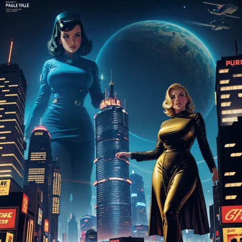 a magazine cover with a giant woman towering a tiny skyscrapers city, a portrait by Paul Kane, tumblr, retrofuturism, pulp sci f...