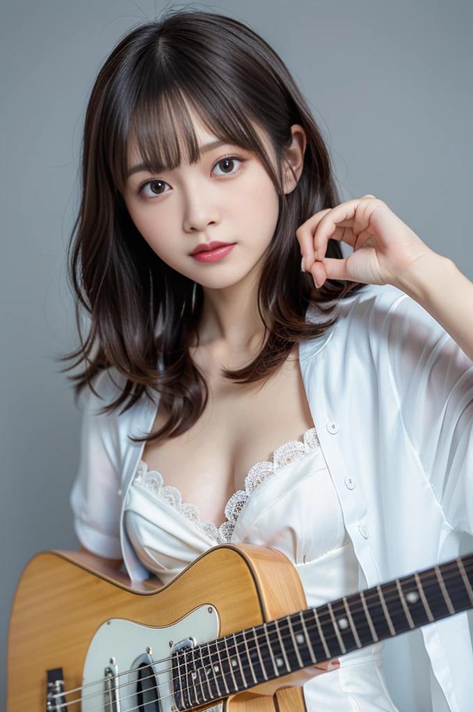 (8K, Raw photo:1.2),Detailed face and eyes,Best Quality, 超A high resolution, Highly detailed ,intricate detailes ,masutepiece ,Cute Girl , Soft cinematic light, Hyper-detailing, High quality,A dark-haired, bob cuts, NSFW,Wearing a dress、（holding an electric guitar）、White background、full body Esbian