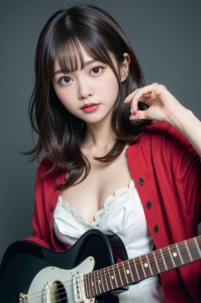 (8K, Raw photo:1.2),Detailed face and eyes,Best Quality, 超A high resolution, Highly detailed ,intricate detailes ,masutepiece ,Cute Girl , Soft cinematic light, Hyper-detailing, High quality,A dark-haired, bob cuts, NSFW,Wearing a dress、（holding an electric guitar）、White background、full body Esbian