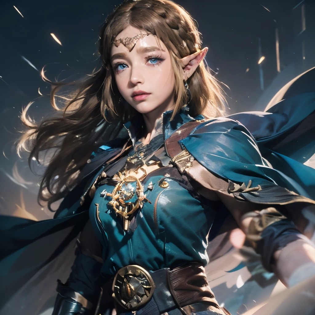 ((masterpiece)), 8k cg, best quality, intricate details, chromatic aberration, ((bust shot)), ((looking at the viewer)), 1girl, ((Character((Zelda)), soft smile, closed mouth, soft lips)), ((Sparkly eyes, hyper detailed eyes, extremely beautiful, (((bright blue eyes))), beautiful eyelashes, makeup, heavy blush)), lens flare, ((an extremely beautiful and delicate portrait, strong facial features, 30 years old, strong cheeks,)), thick eyebrows, (very long wavy hair, ((Brown Hair color)), shiny hair), full of life, Wizard robes, ((Doctor Strange Cape)))), ((Medium Breasts, small shoulders, hourglass figure, thin neck)), absurdres, cinematic lighting, dynamic lighting, fantasy, ((dark background, fog))