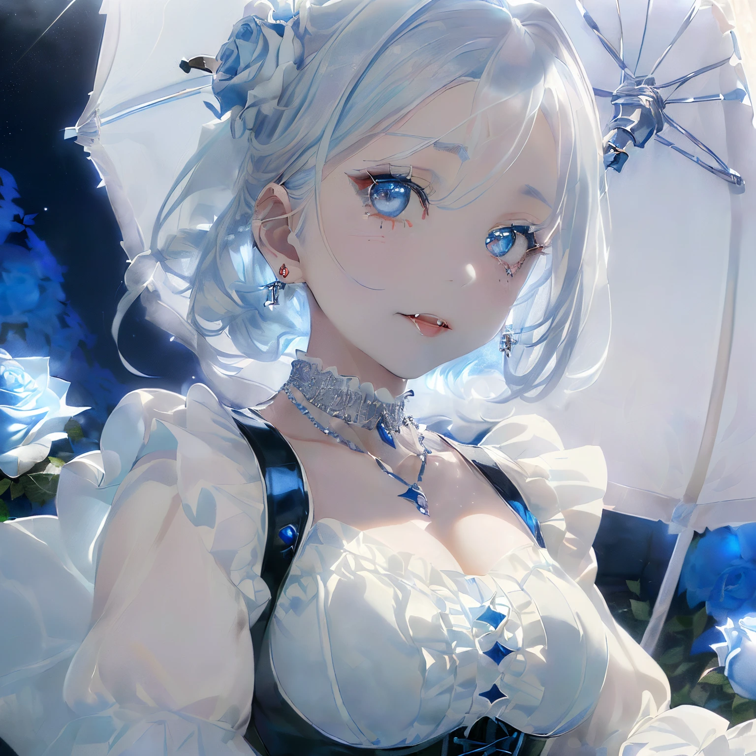 ((silver and blue mixed hair)),((short straight hair)),((deadpan)),((half-open eyes)),(Double-sleeved long-sleeved clothes with lots of frills),(striped long sleeve tops),((white long vest),((Shining corset with sequins)),((A white and blue-silver parasol with frills)),((Frontal perspective)),Slight red tide,((looking at me、she dressed boldly.)),((covered with white and blue roses))(Vampires),((long fangs)),(Yodare),(Fresh blood around the mouth),(((close up of face))),((Collars and necklaces decorated with roses)),(A moonlit night with a big full moon shining),((Late night outdoor)),(The whole thing is surrounded by pale light)