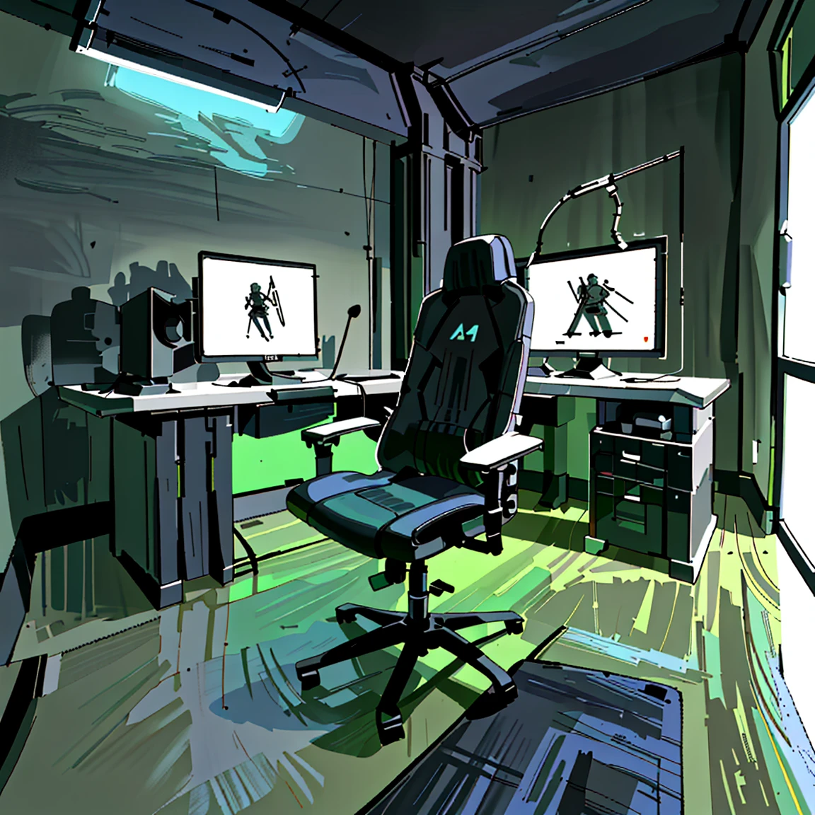 A futuristic gaming room with sleek, minimalistic design, featuring a high-tech gaming setup with multiple monitors, RGB lighting casting vibrant hues throughout the room, ergonomic gaming chair with adjustable controls, and a state-of-the-art virtual reality headset, creating an immersive gaming experience, Photorealistic 3D rendering, using advanced lighting and material techniques to capture the sleekness and futuristic aesthetic, --ar 16:9 --v 5