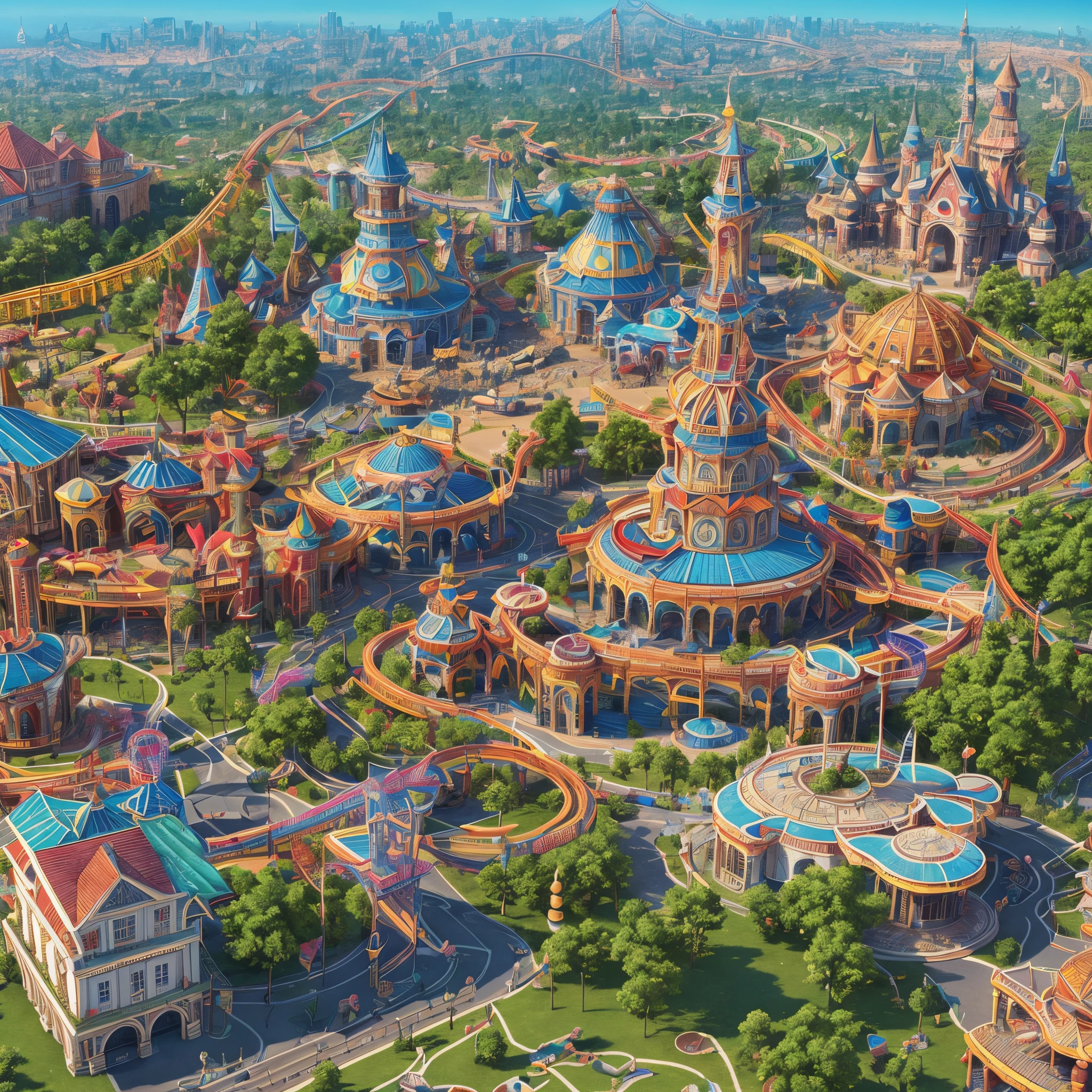 (best quality, masterpiece, highres, detailed), 
fictional theme park, vivid, colorful, gorgeous, fun, happy, 
extremely detailed CG, unity 8k wallpaper,