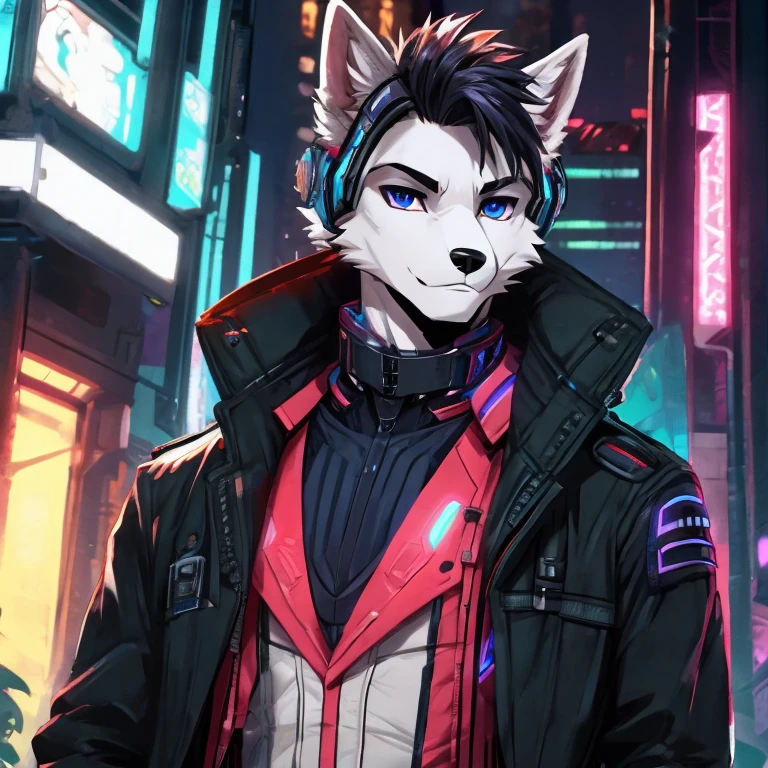 cyber punk style，Company executives，male people，Canine ears，Loose coat，the only person