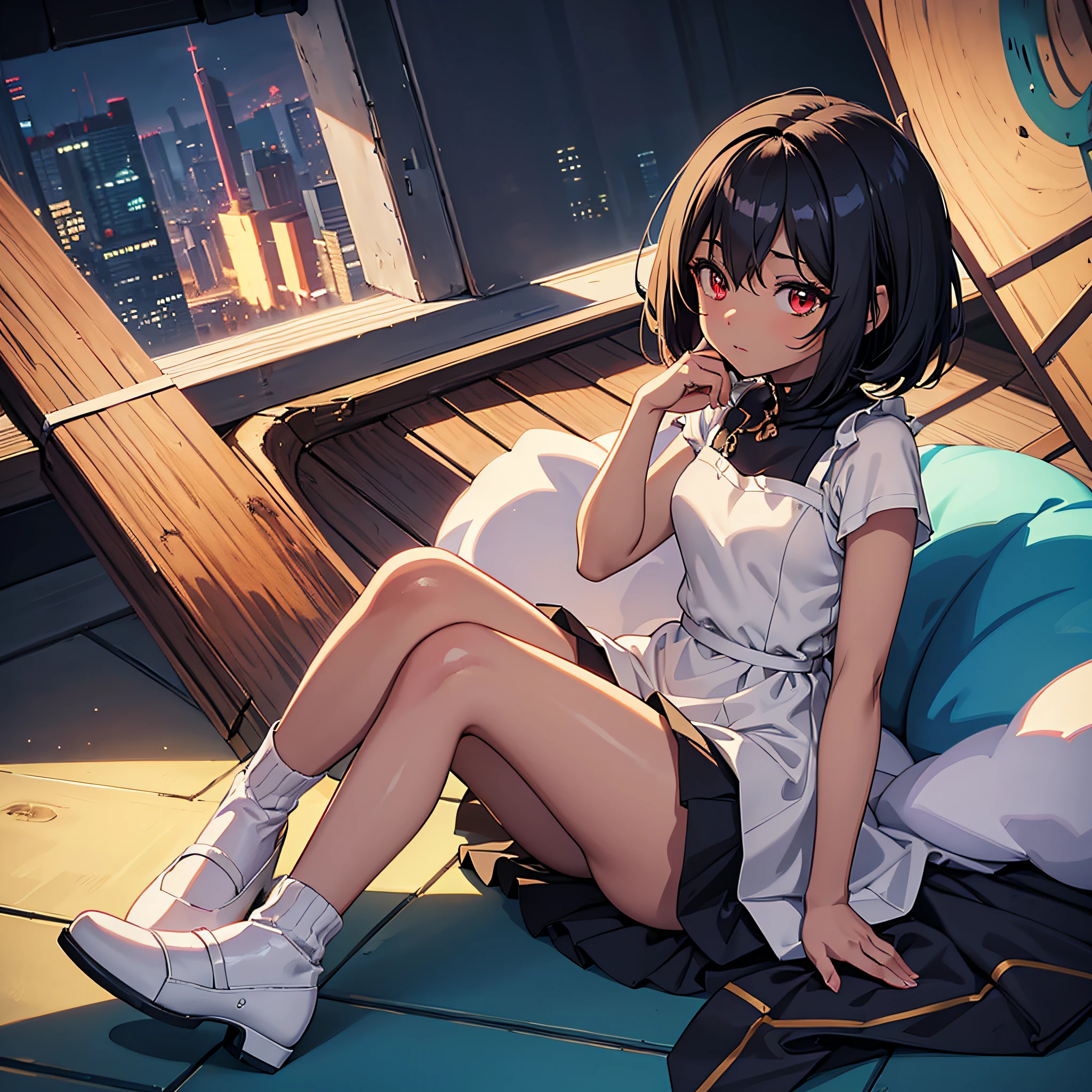 fille d'anime à la peau foncée assise sur le sol, les jambes croisées et la main sur le visage, fond propre, style artistique anime moe, high quality style artistique animé, ambiance animée, style artistique animé, style artistique animé, beautiful style artistique animé, dans un style animé, illustration de style animé, dans un style anime, visuel animé d&#39;une jolie fille, style artistique mignon, couleur de fond pure, style anime, jolie robe, cheveux mi-longs, Coiffure Bob, les yeux rouges, grande fille, robe deux pièces, robe courte, Chaussettes courtes, chaussures Mary Jane beiges,