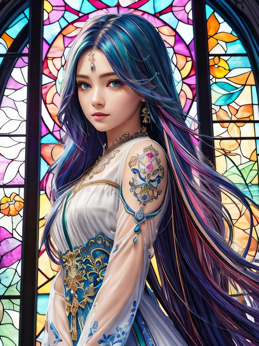 ((​masterpiece、top-quality))、High contrast、High color saturation、Tideplay、Luxley、split-colored hair、the wind、Flying petals、Stained glass with intricate and delicate decorations、2D、line-drawing、watercolor paiting、ink watercolor、Random colored hair、Super long hair、Wave、1girl in、alraune、florals、Detailed hand depiction