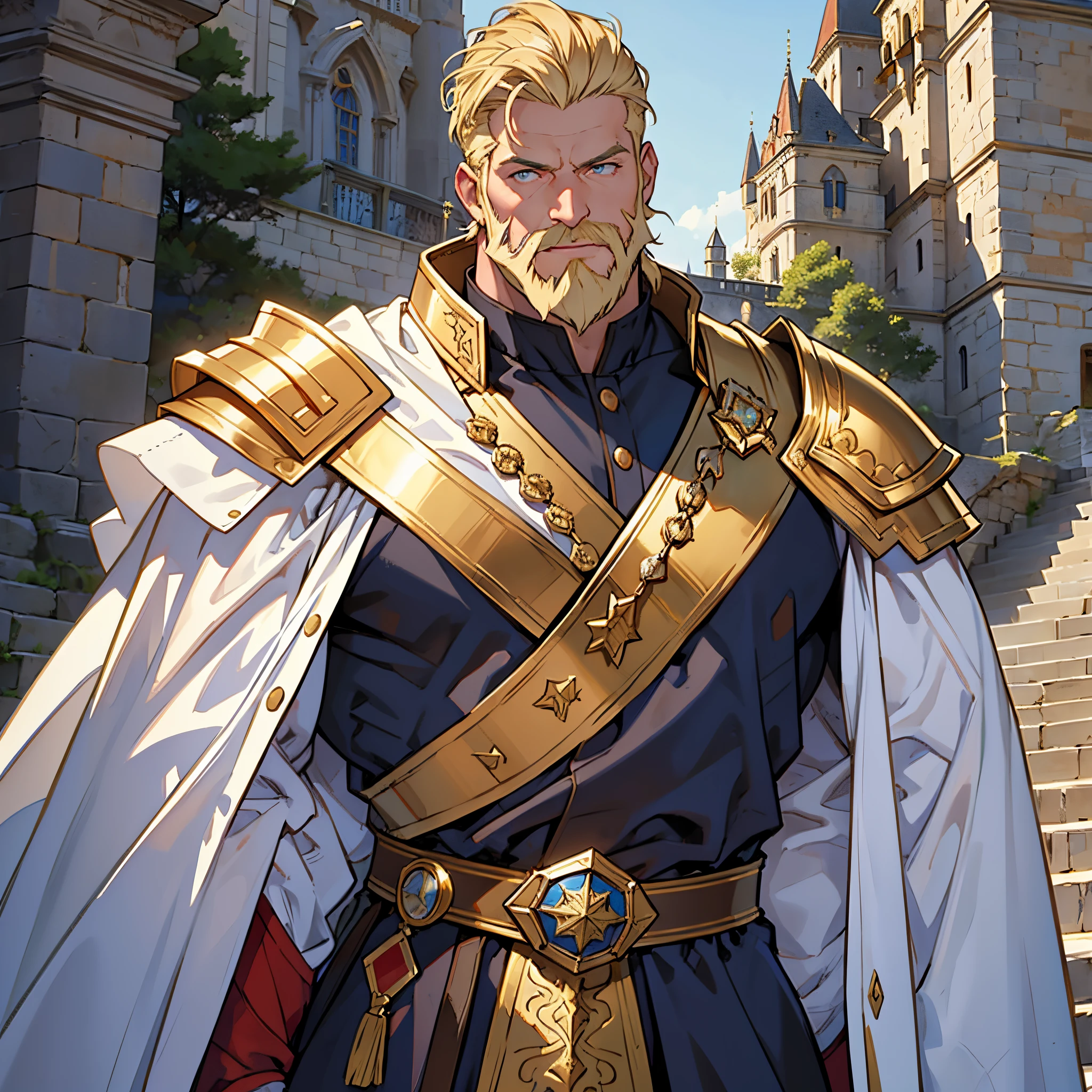 ​masterpiece, Best Quality, 4k, Very detailed, Close-up of a person&#39;Upper body body, Background with:In front of the stairs of a medieval castle built on a lake, A large old emperor wearing golden armor and a white cloak...., Very short male hair with pomade, trimmed beard,blonde blue eyes