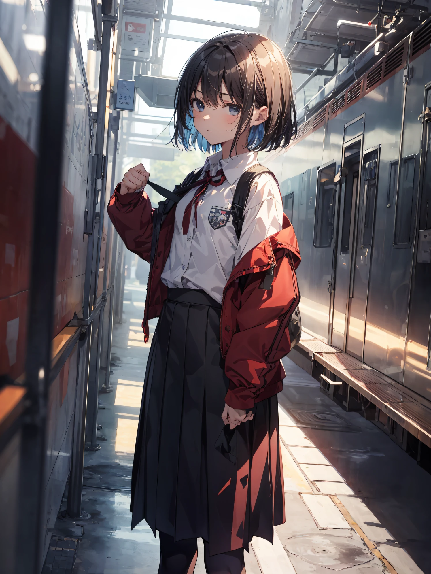 Creator qualities, anime moe art style,Best Anime 8K Konachan Wallpapers,Pixiv Contest Winner,Badass Anime 8K,Perfect Anatomy, (Draw a girl sleepily walking to school. ),BREAK, 1girl in, (Solo,Lori,child,13years:1.3),a junior high school student, Androgynous attraction, (Very short hair),hair messy, Full limbs, complete fingers,flat chest, Small butt, groin, Small eyes,Precise black eyes,disgusted eye, School uniform, Skirt,On the way to school. BREAK,Ultra-detailed,High resolution,super detailed skin, Professional Lighting, (cool illustration:1.2),