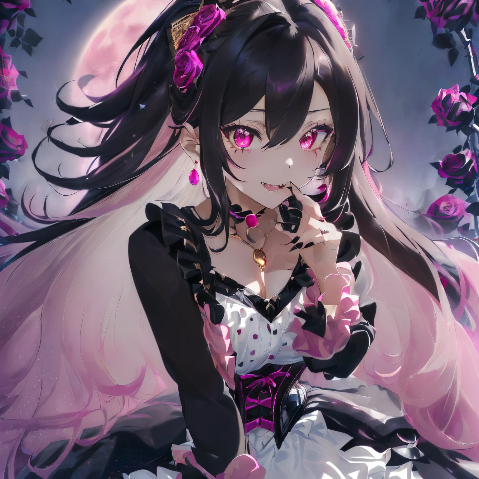 ((Hair that is a mix of black and dark pink)),((Long straight hair)),((Cheerful face)),((golden brown eyes)),(Double-layered long-sleeved clothes with lots of frills),(All-over dot long sleeve tops),((Black Long Vest),((Shining corset with sequins)),((long cane with black and pink gems)),((Frontal perspective)),Slight red tide,((looking at me、she dressed boldly.)),((Covered with black and dark pink roses))(Vampires),((long fangs)),blood stains on the mouth,(((close up of face))),((Collars and necklaces decorated with roses)),(A moonlit night with a bright red full moon),((Late night outdoor)),(The whole thing is surrounded by red light)