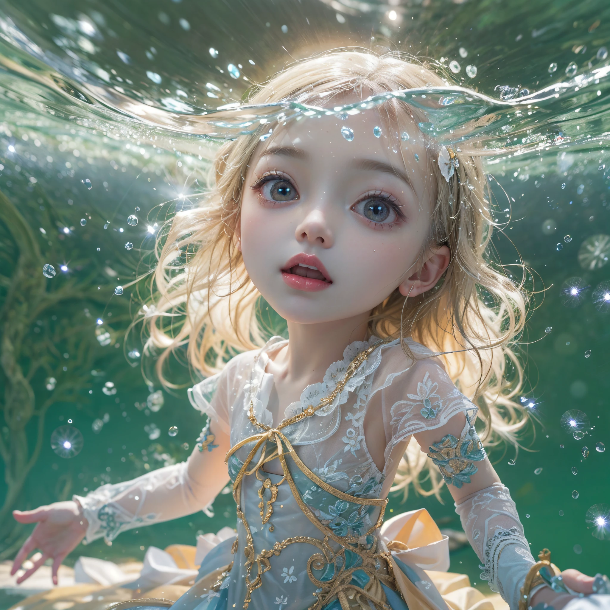 (8K, Original photography, Top image quality, masterpiece: 1.4), hyper HD, (Realistic, Reality: 1.48), realisticlying, A high resolution, softlighting. Tiny Girls, girl jumping into the water、Falling、splash water、shout、Luminous water surface、White and Vivid colors, back lighting, glistening ivory skin, sparkling highlights, Detailed KAWAII face with cute lips, long eyelashes, Delicate clothes, Detailed open crotch, Whole Body proportions and all limbs are anatomically accurate .