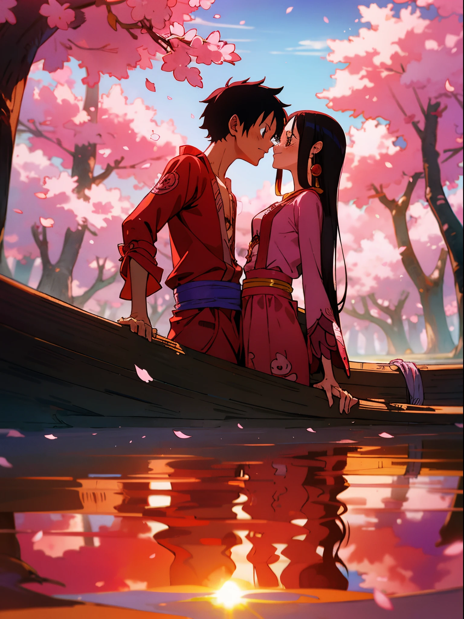 Masterpiece quality, 8k, a boy, monkey d Luffy and a girl,boa Hancock, under cherry blossom trees, drifting cherry blossoms, sunset, onepiece, Luffy, Hancock,couple,cute,pose, couple, kissing