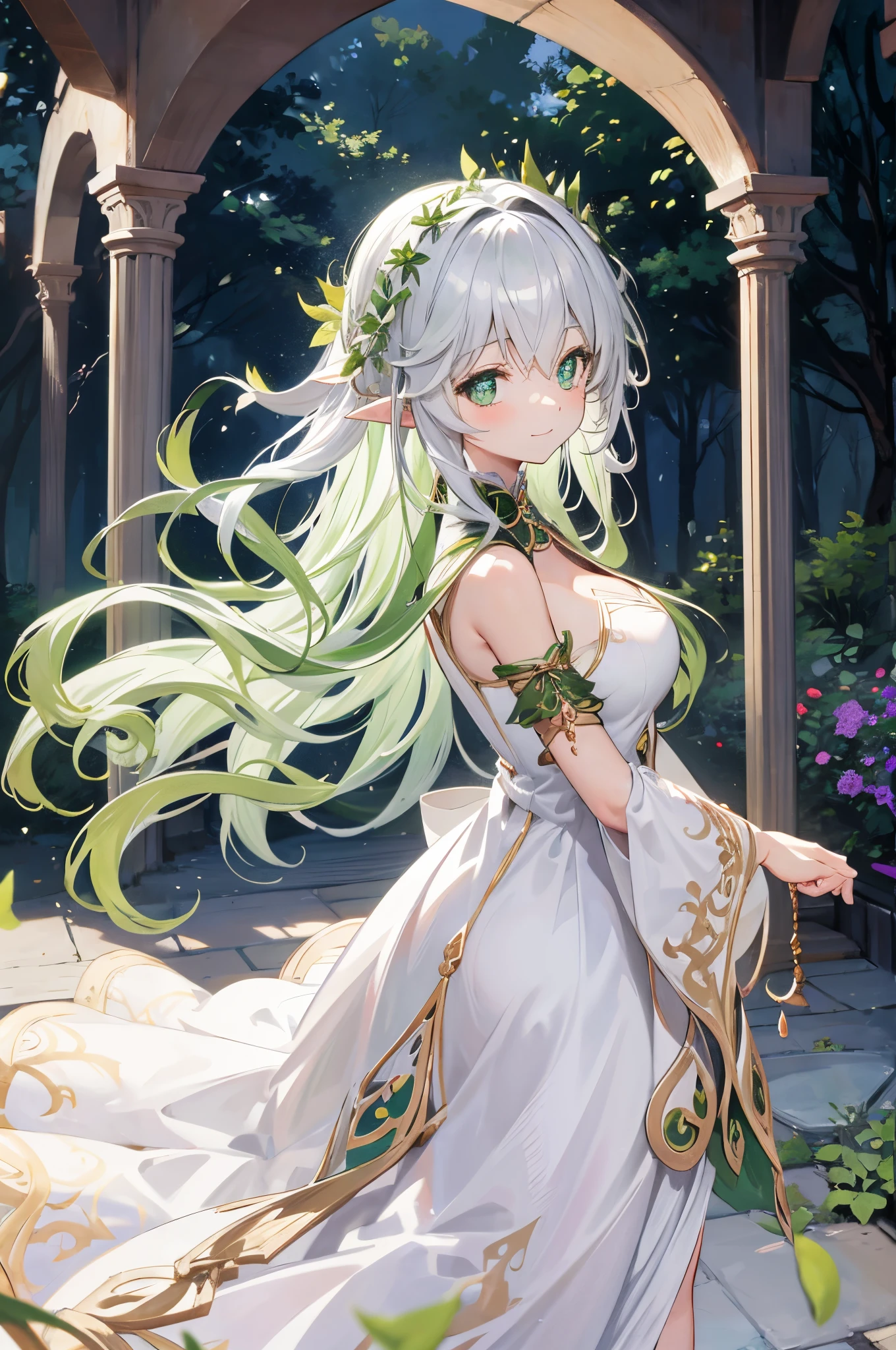 elvish、Looking at the camera、A smile、green fluffy long hair、Hair in the wind、Colossal 、cleavage、White Princess Dresses、Curtsey、in woods、lots of overgrown plants、