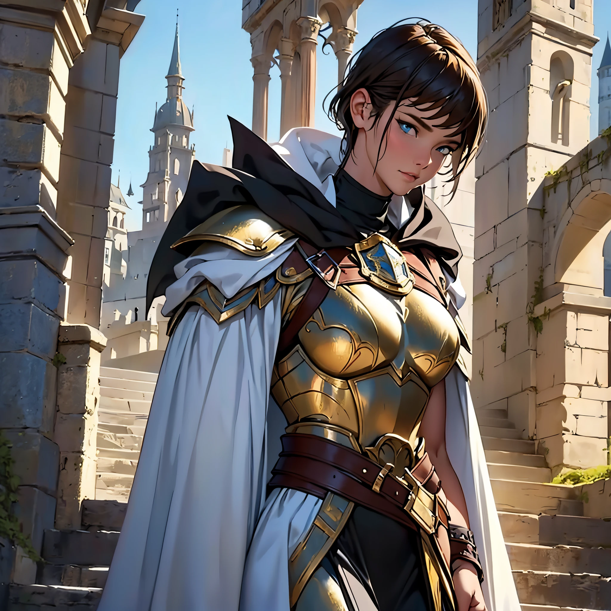 ​masterpiece, Best Quality, 4k, Very detailed, Close-up of a person&#39;Upper body body, Background with:In front of the stairs of a medieval castle built on a lake, Female warrior wearing golden armor and white cloak, Brunette