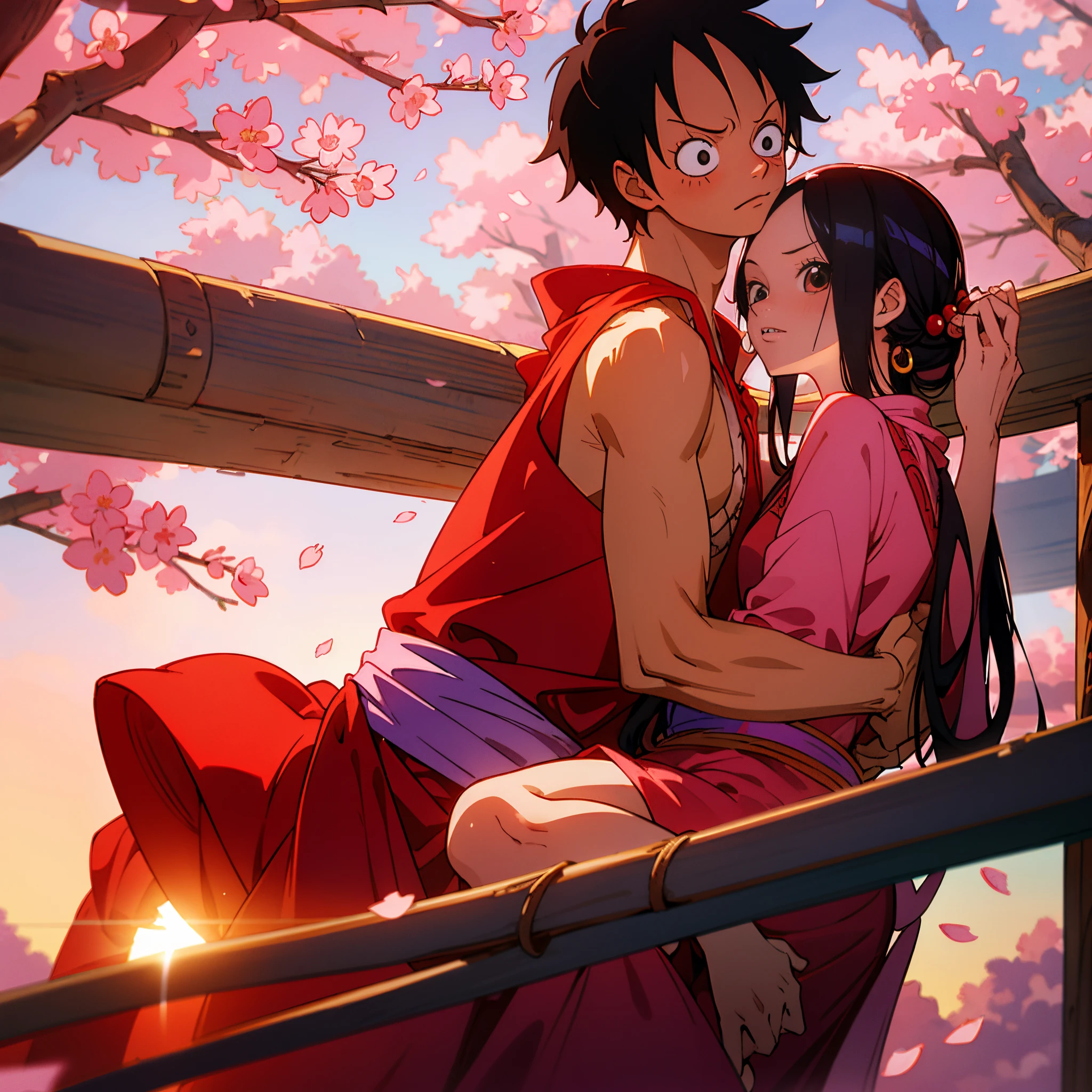 Anime couple sitting on a fence with cherry blossoms in the background -  SeaArt AI