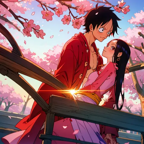 Masterpiece quality, 8k, a boy, monkey d Luffy and a girl,boa Hancock, under cherry blossom trees, drifting cherry blossoms, sun...