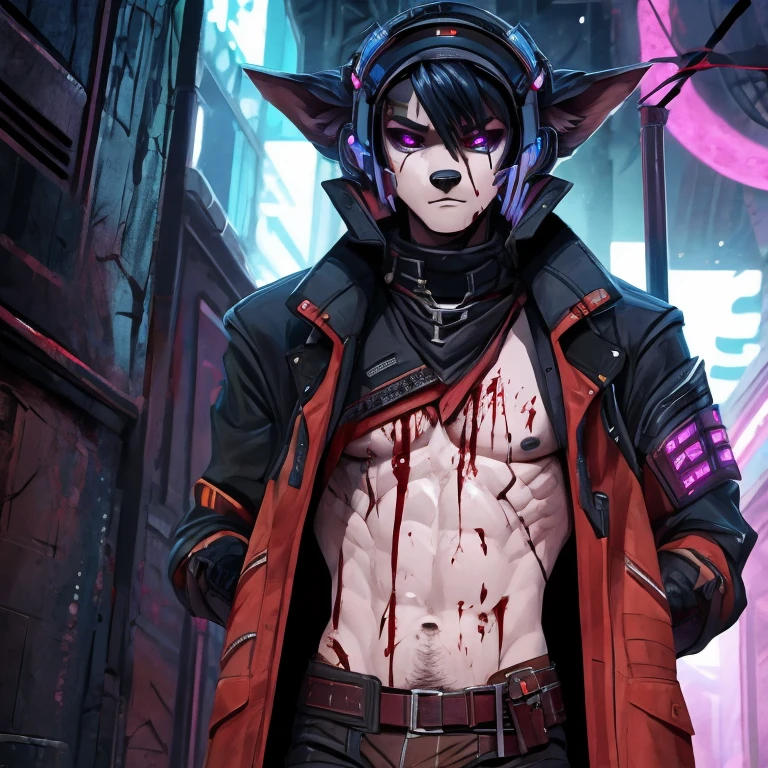 cyber punk style，assassins，male people，Canine ears，The loose coat was stained with blood，There is blood on the body，the only person