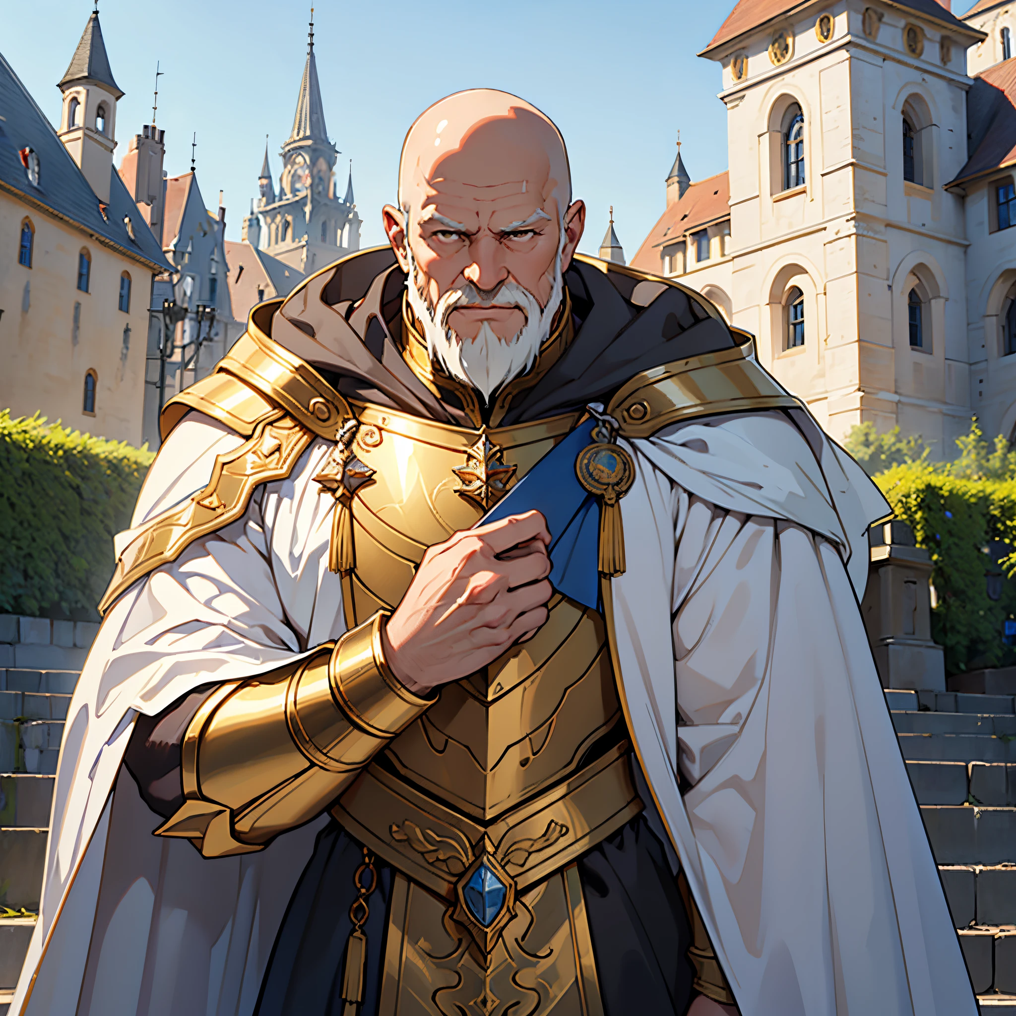 ​masterpiece, Best Quality, 4k, Very detailed, Close-up of a person&#39;Upper body body, Background with:In front of the stairs of a medieval castle built on a lake, Golden knight wearing golden armor and white cloak, very tall middle aged bald man,