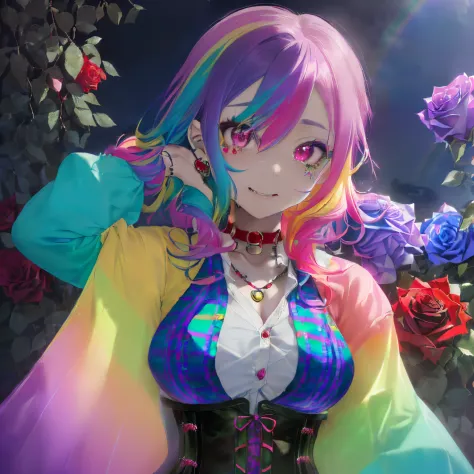((appearance々Colorful rainbow hair with a mixture of colors)),((Curled Hair)),(Bewitching smile),((Eyes with a mixture of colorf...