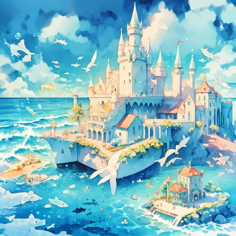 picture book illustration, watercolor storybook illustration, ((seaside castle)), (ocean beach), ((fantasy castle)), fairytale t...