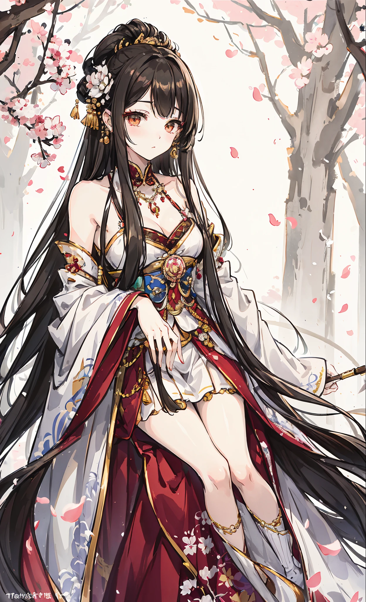 (tmasterpiece:1.2),Atdan, 1 plump girl, Alone, Branch, flowers in full bloom, jewely, a skirt, ear nipple ring, that tree, through bangs, Long gray hair, hair adornments, view the viewer, Chinese clothes, black hair color hair, hairflower, Brown hair, exposed bare shoulders, Very long hair, Wide sleeves, longer sleeves