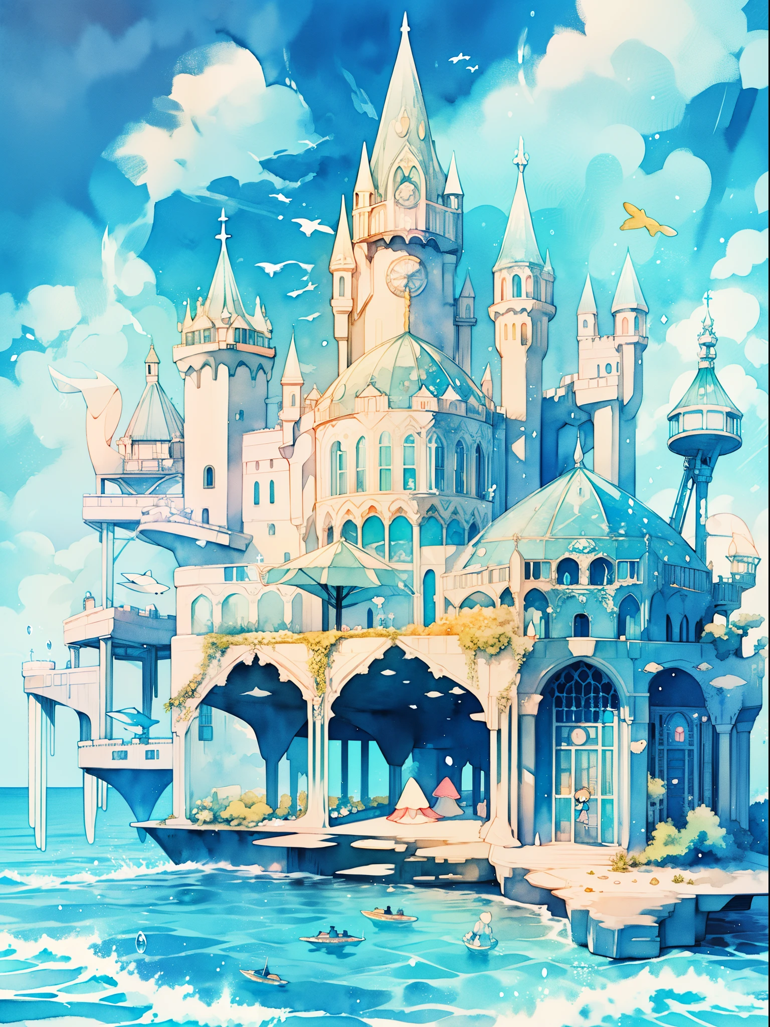 picture book illustration, watercolor storybook illustration, ((seaside castle)), (ocean beach), ((fantasy castle)), fairytale towers, clouds, vibrant pastel colors, dream, colorful, whimsical, magical, masterpiece, best quality, sharp focus, intricately detailed environment, fine detail, 8k resolution, (colorful), cute