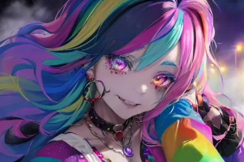 ((appearance々Colorful rainbow hair with mixed colors)),((Curled Hair)),(Bewitching smile),((Eyes with a mixture of colorful colo...