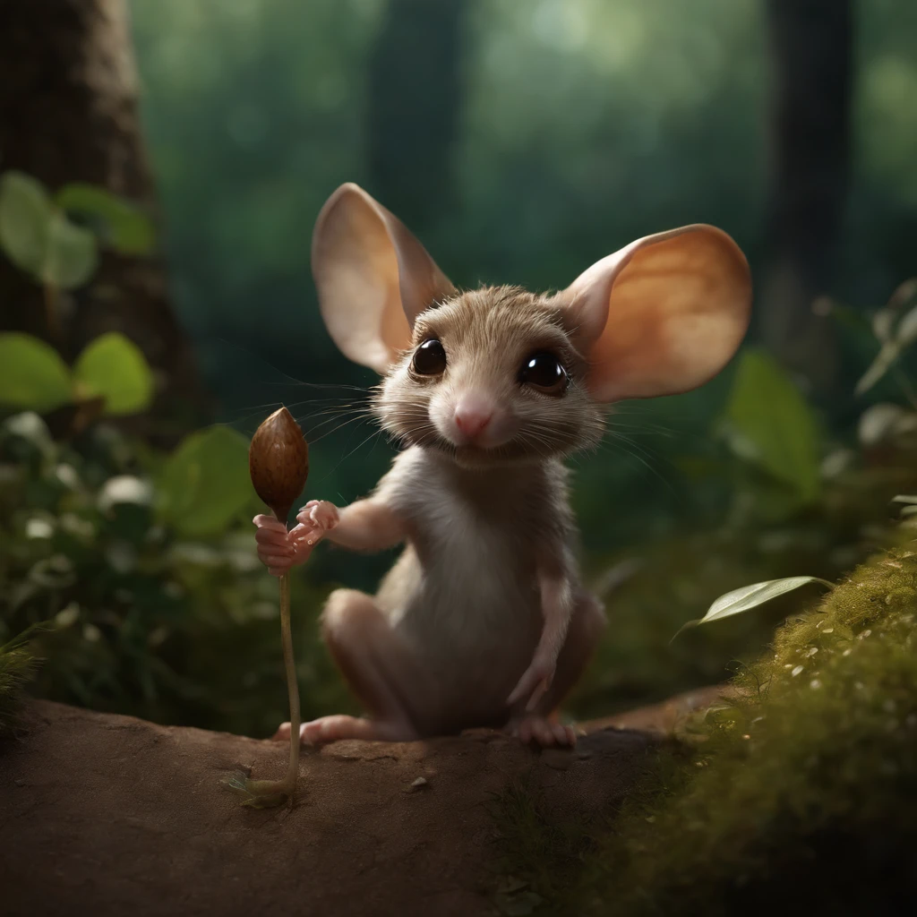 (CBZBB:1.25),gremlin, gremlin, looks like , jerboa((gremlin)), in a clearing under an oak tree, holding a large acorn in his paws, CBZBB,Cute, Small, baby, Beautiful, Fantasy art, deviant art, trending artstation, Digital Art, Detailed, Realistic, humanoid, character, tiny, Cinematic shot, cinematic portrait of a mole, cute character, looks like a gremlin, It looks like a jerboa,gremlin, jerboa-like, bright silver and brown,  tail, large ears,  shaggy tail, elongated nose,, covered with silver fur, holding a large acorn in his paws, water, Burrow, tree roots stick out from the walls in the hole,  mushrooms sticking out of the ground, Best Quality, Masterpiece, in style of dark fantasy art,真实感, Realism, tmasterpiece, Brad Jongsan walks in the jungle (Night of the Fireflies), (higly detailed: 1 1), rough face, natural skin, hiquality, NSFW, pretty eyes, (Detailed face and eyes), (s face: 1 2), tumult, Complementary, real-photo, .....PSD, Lightweight Film Photography, sharp-focus, contrast lighting, Detail Skin, high resolution 8k, Crazy detailing, Realistic, professional photo of a, 8K UHD, dslr, soft light, hiquality, film grains, Fujifilm XT3, dark fantasy style,